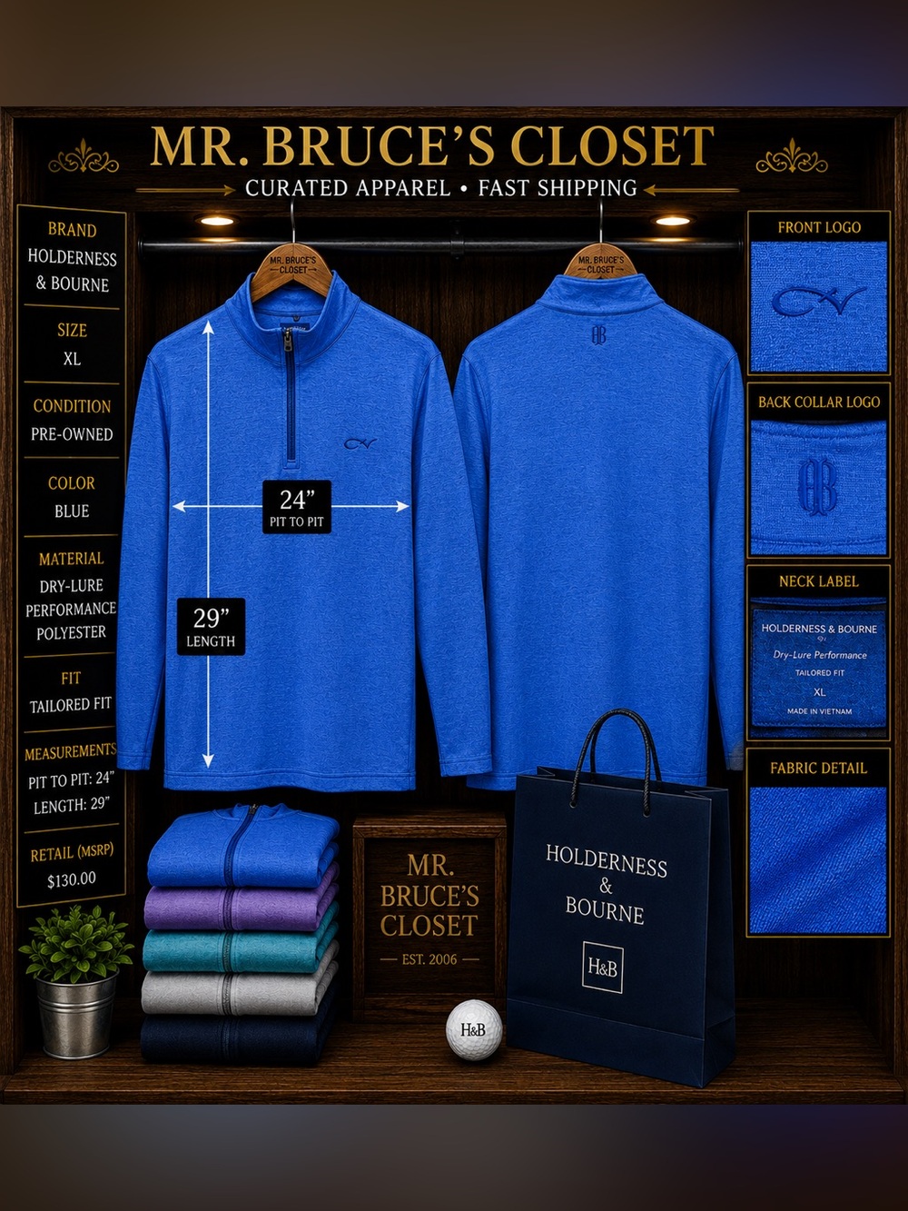Holderness & Bourne Men's Blue Quarter-Zip Performance Pullover